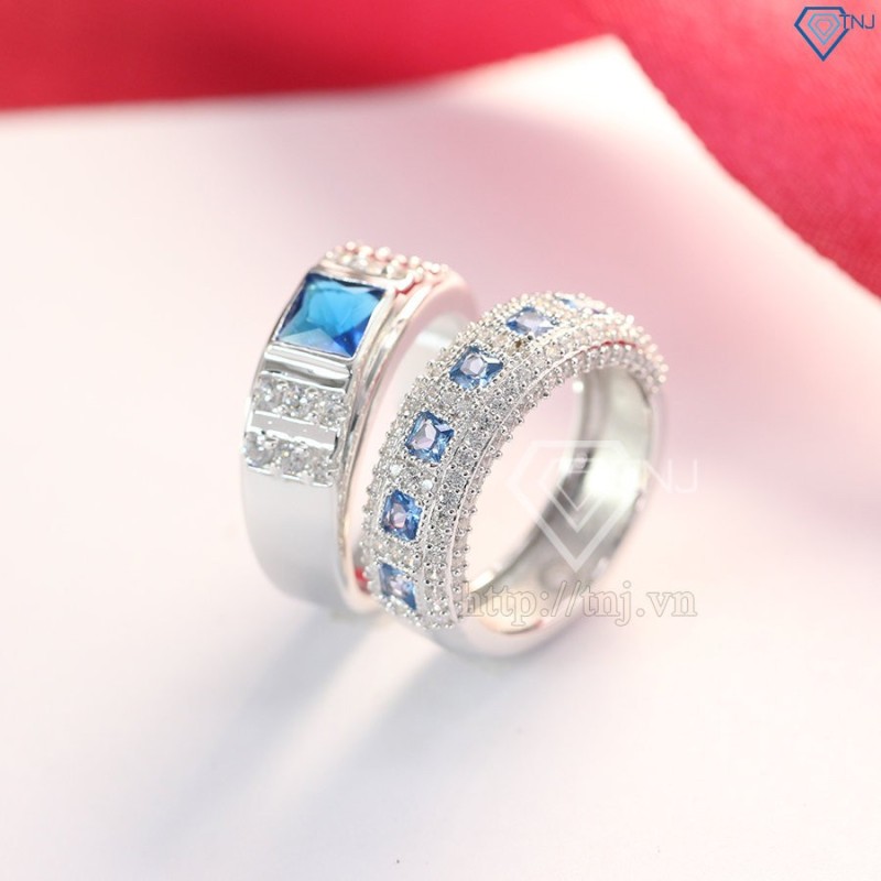 Nhẫn đôi bạc nhẫn cặp bạc đẹp đính đá xanh dương ND0281