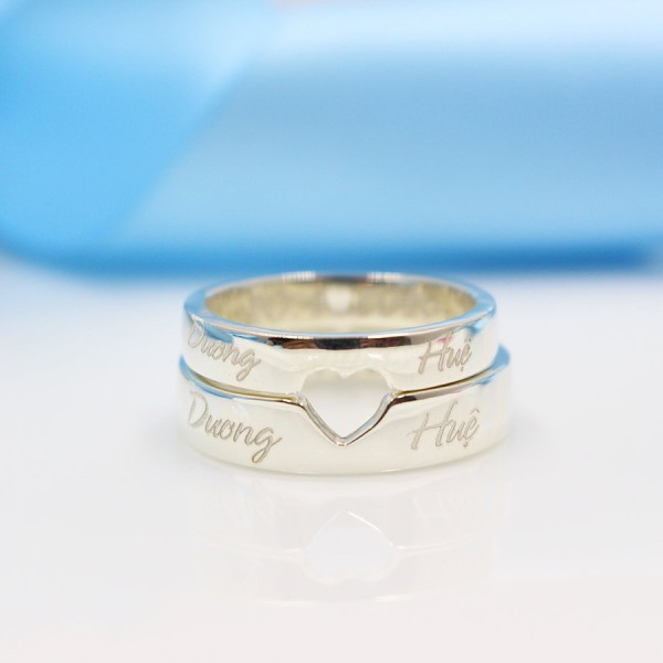 Nhẫn đôi bạc nhẫn cặp bạc khắc tên trái tim ghép ND0126