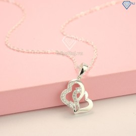 Tặng quà valentine cho bạn gái dây chuyền bạc nữ trái tim đôi đính đá dễ thương DCN0445 - Trang Sức TNJ