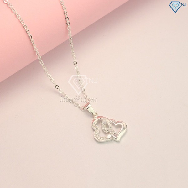 Tặng quà valentine cho bạn gái dây chuyền bạc nữ trái tim đôi đính đá dễ thương DCN0445 - Trang Sức TNJ