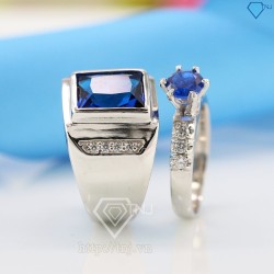 Nhẫn đôi bạc nhẫn cặp bạc đính đá xanh dương ND0211