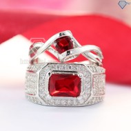 Nhẫn đôi bạc nhẫn cặp bạc đẹp đính đá đỏ ND0297