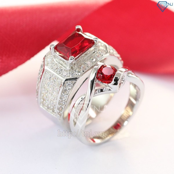 Nhẫn đôi bạc nhẫn cặp bạc đẹp đính đá đỏ ND0297
