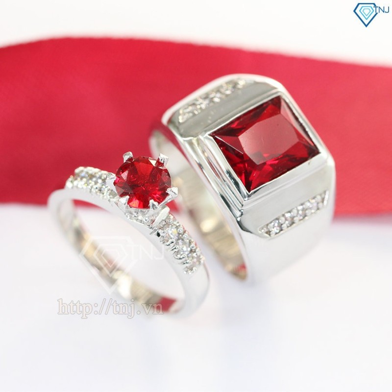 Nhẫn đôi bạc nhẫn cặp bạc đính đá đỏ sang trọng ND0211