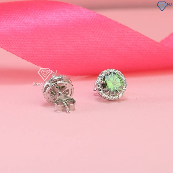 Bông tai bạc nữ đính đá kim cương Moissanite xanh 6.0mm BTNM0011