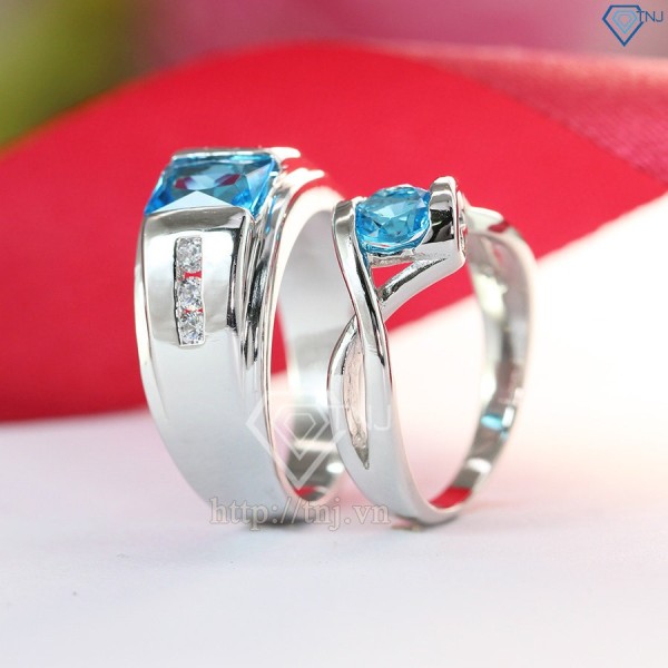 Nhẫn đôi bạc nhẫn cặp bạc đẹp đính đá xanh sang trọng ND0369