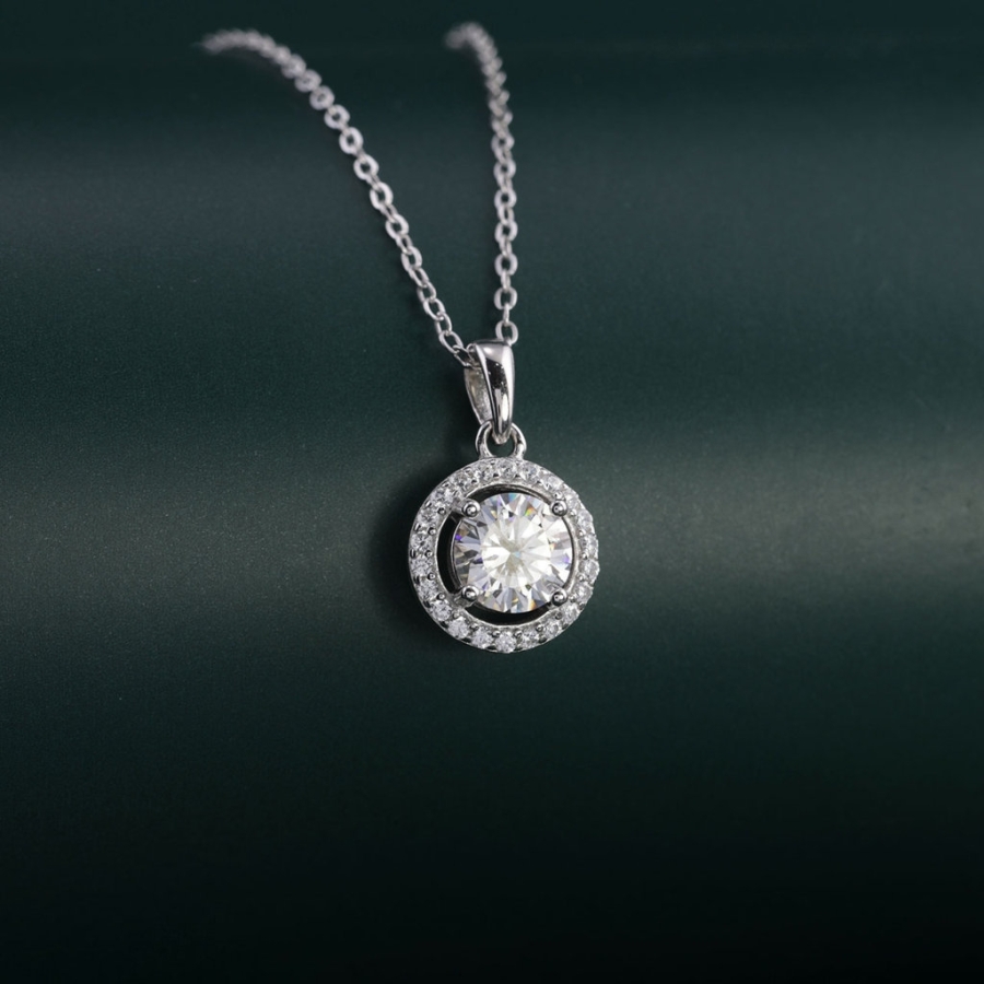 Dây chuyền nữ mặt tròn đính kim cương Moissanite 6.5mm xi kim DCNM0068