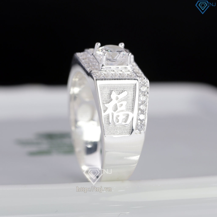 Nhẫn bạc nam chữ Phúc đính đá NNA0877