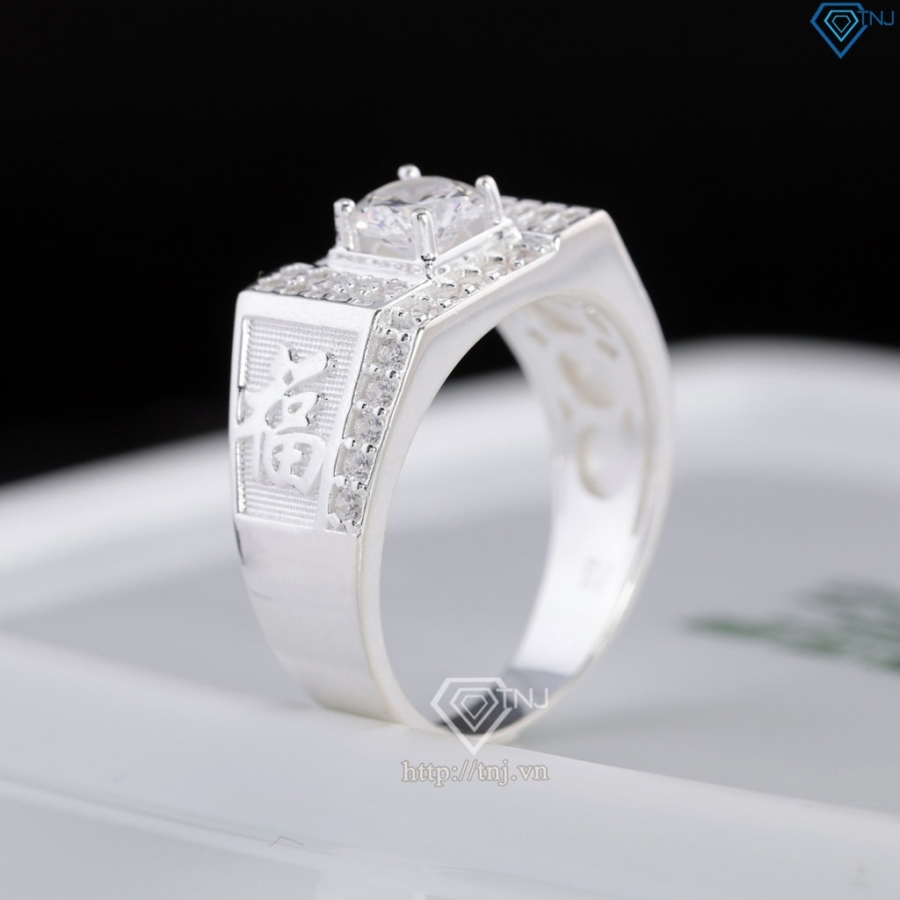 Nhẫn bạc nam chữ Phúc đính đá NNA0877