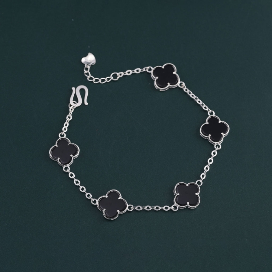 Lắc tay bạc nữ cỏ 4 lá đính đá đen LTN0439