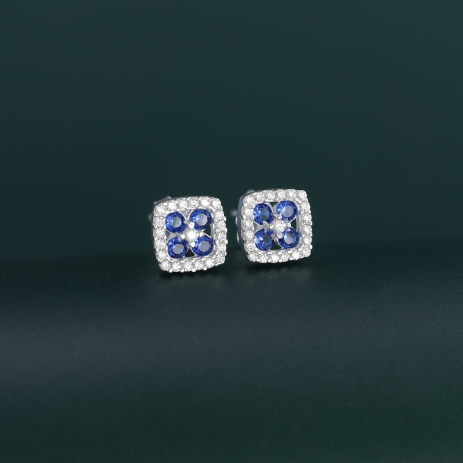 Bông tai bạc nữ mặt vuông đính đá xanh dương BTN0278