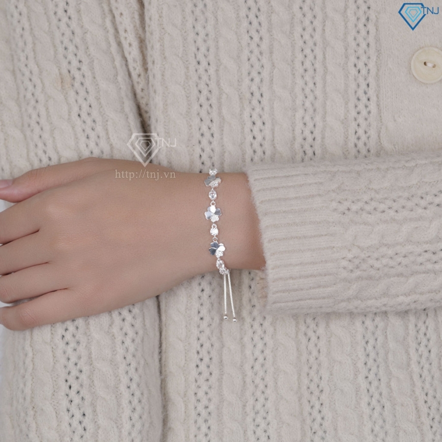 Lắc tay bạc cho nữ cỏ 4 lá may mắn đính đá dây rút LTN0451