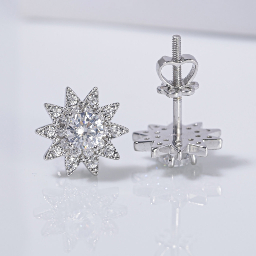 Bông tai bạc nữ hoa hướng dương xi kim chốt ren BTNXK0007