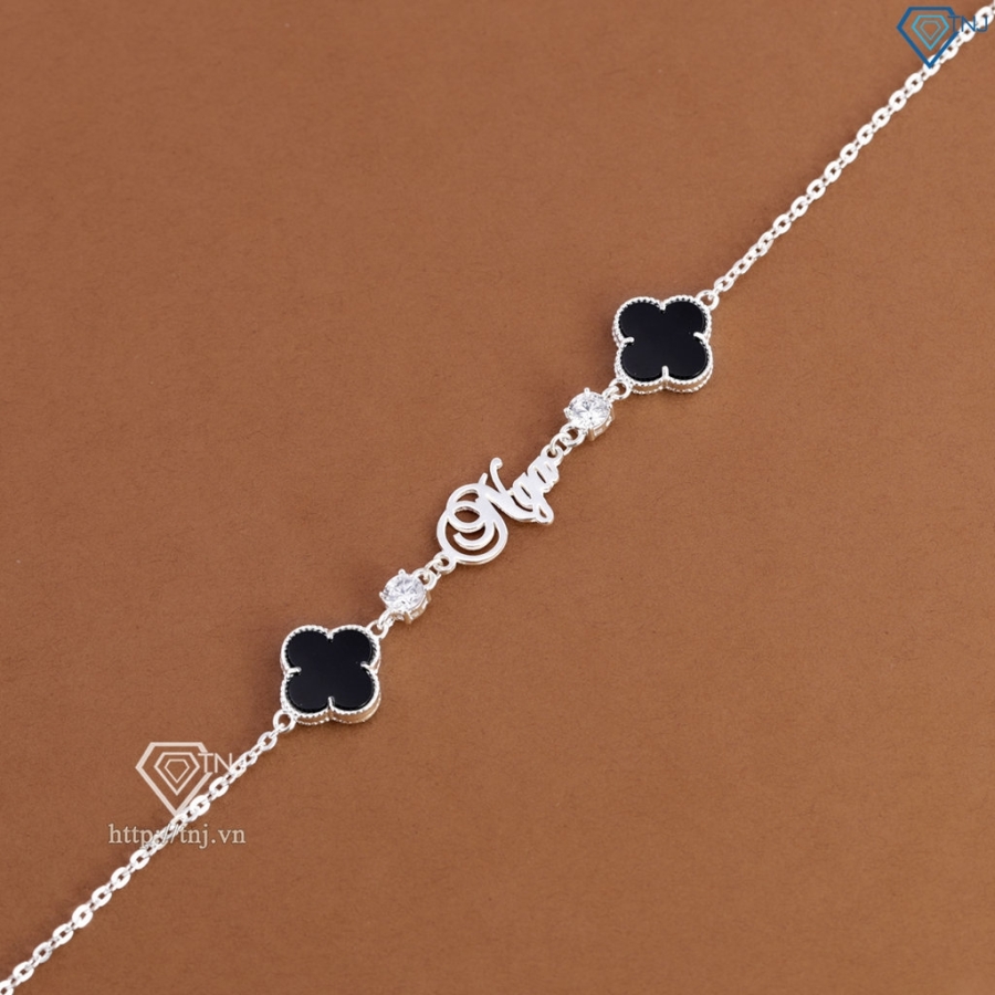 Lắc tay bạc nữ hình cỏ 4 lá đen khắc tên theo yêu cầu LTN0455