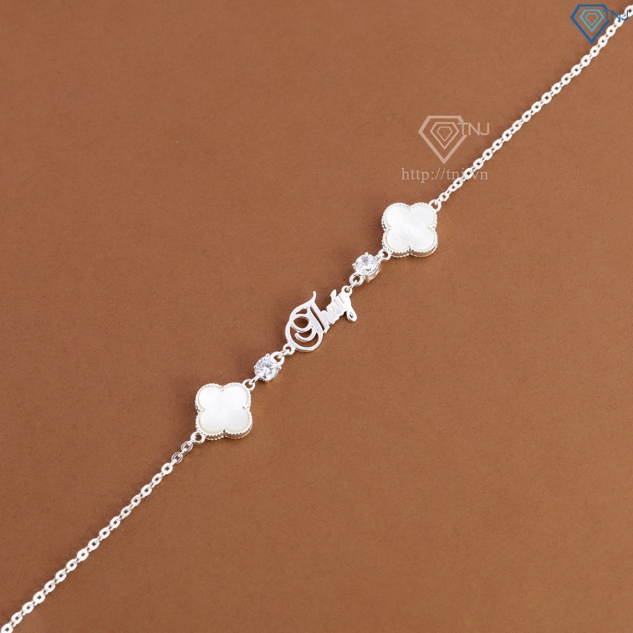 Lắc tay bạc nữ hình cỏ 4 lá trắng khắc tên theo yêu cầu LTN0455