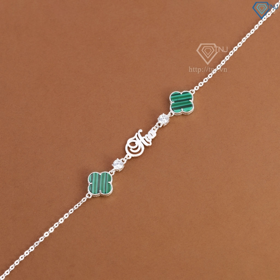 Lắc tay bạc nữ hình cỏ 4 lá xanh khắc tên theo yêu cầu LTN0455