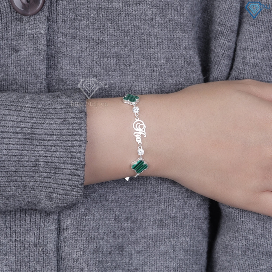 Lắc tay bạc nữ hình cỏ 4 lá xanh khắc tên theo yêu cầu LTN0455