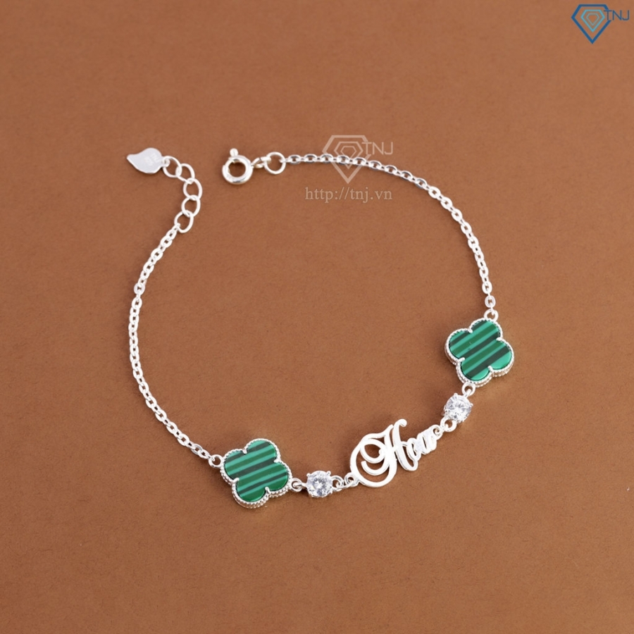 Lắc tay bạc nữ hình cỏ 4 lá xanh khắc tên theo yêu cầu LTN0455