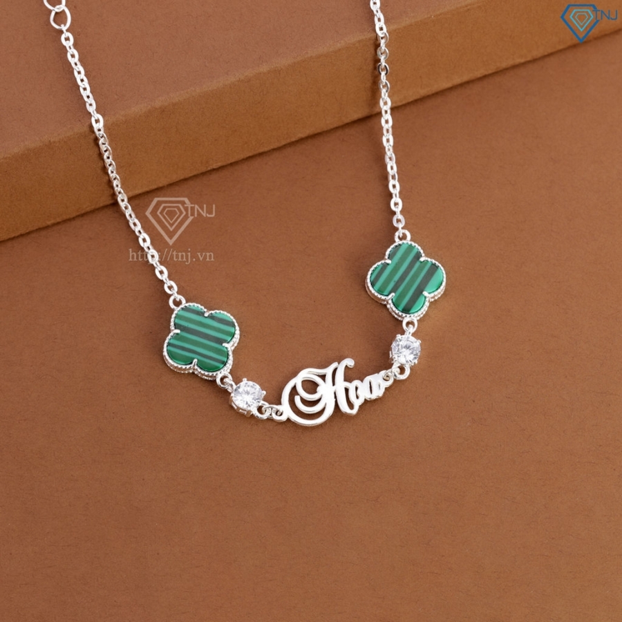 Lắc tay bạc nữ hình cỏ 4 lá xanh khắc tên theo yêu cầu LTN0455