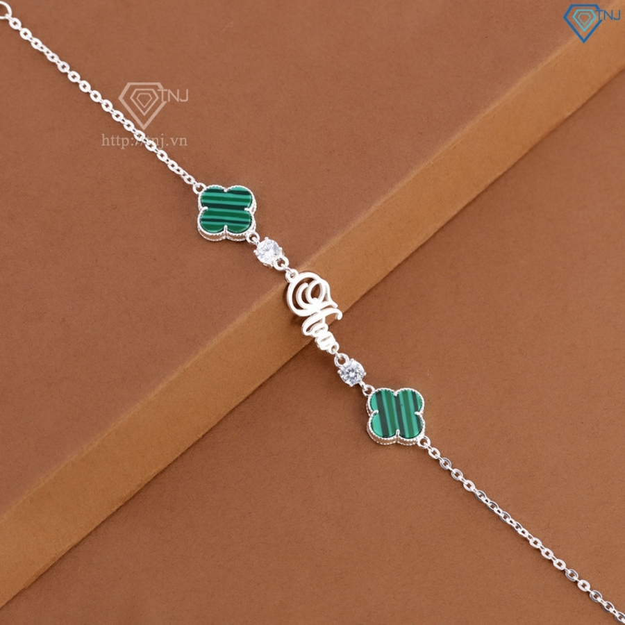 Lắc tay bạc nữ hình cỏ 4 lá xanh khắc tên theo yêu cầu LTN0455