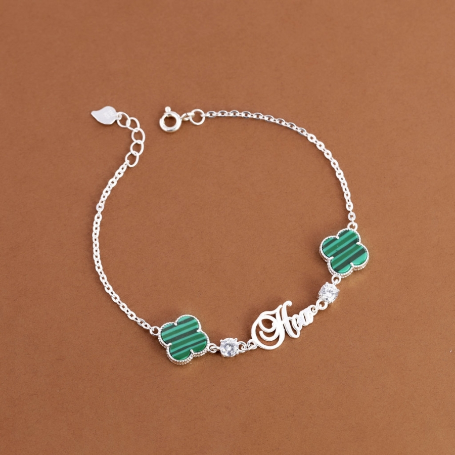 Lắc tay bạc nữ hình cỏ 4 lá xanh khắc tên theo yêu cầu LTN0455