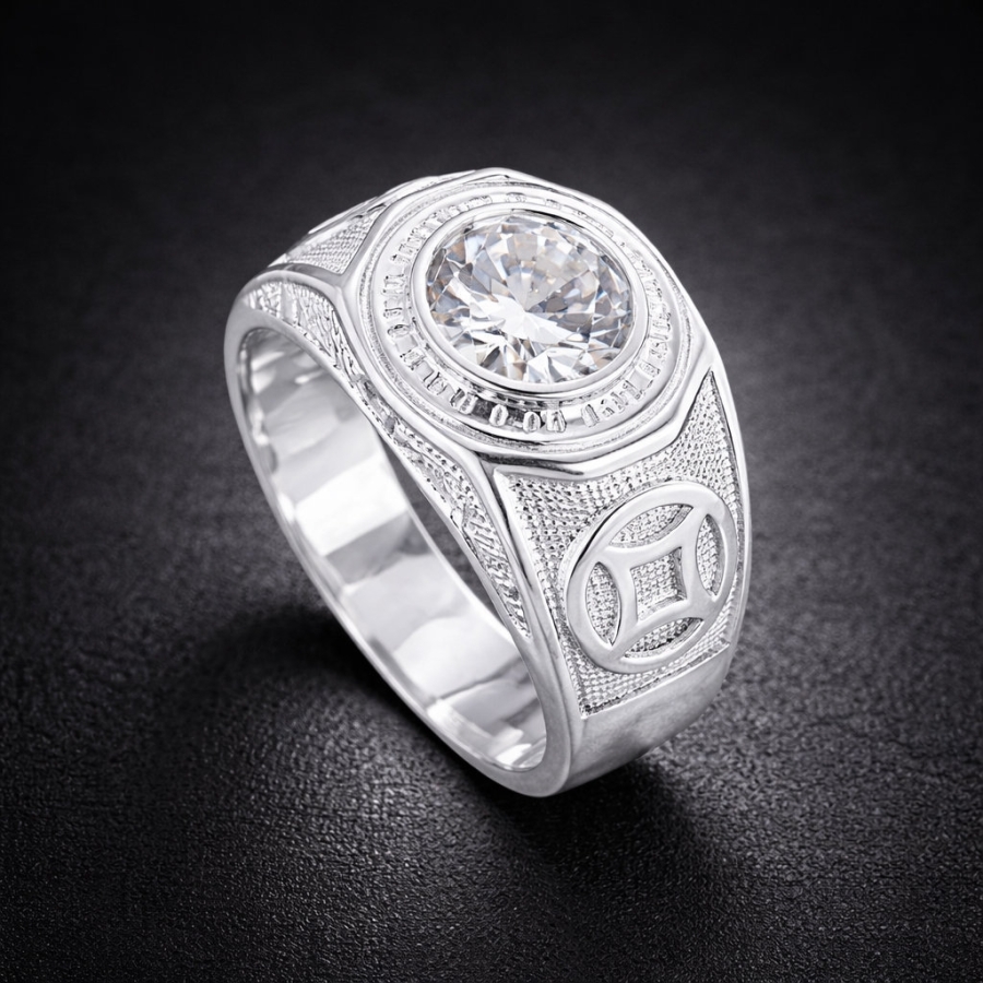 Nhẫn bạc nam hình kim tiền đính đá NNA0894