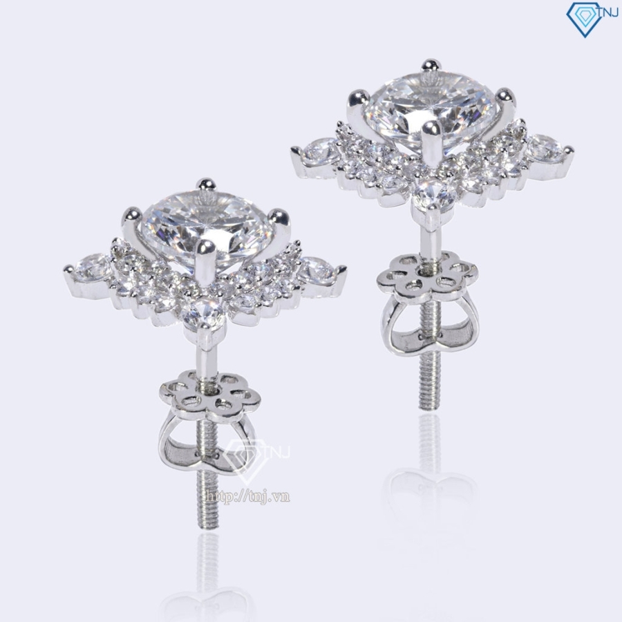 Bông tai bạc nữ mặt vuông đính đá xi kim chốt ren BTNXK0016