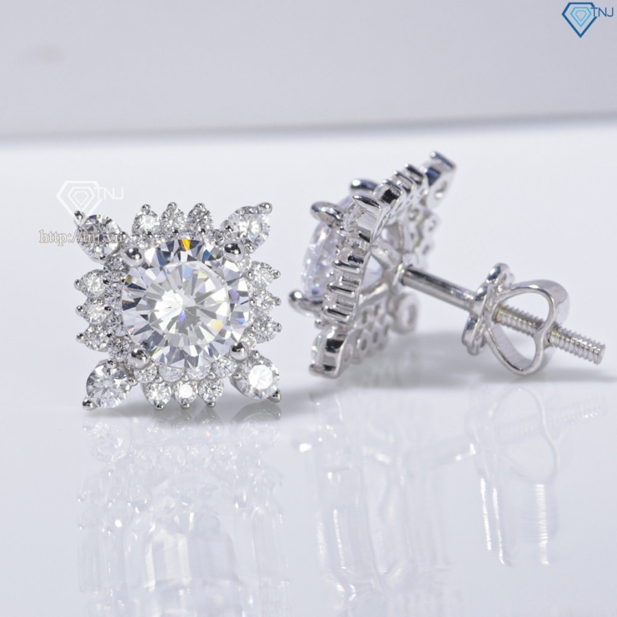 Bông tai bạc nữ mặt vuông đính đá xi kim chốt ren BTNXK0016