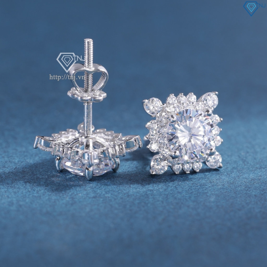 Bông tai bạc nữ mặt vuông đính đá xi kim chốt ren BTNXK0016