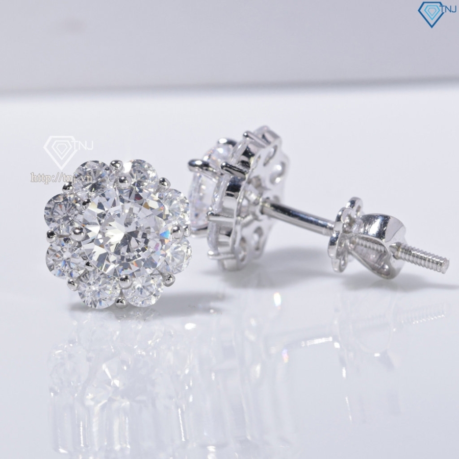 Bông tai bạc nữ mặt bông hoa đính đá xi kim chốt ren BTNXK0017