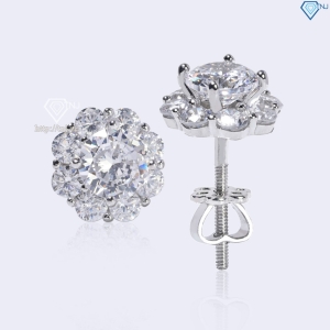 Bông tai bạc nữ mặt bông hoa đính đá xi kim chốt ren BTNXK0017