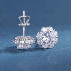 Bông tai bạc nữ mặt bông hoa đính đá xi kim chốt ren BTNXK0017