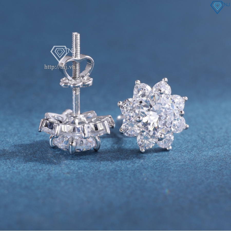Bông tai bạc nữ mặt bông hoa đính đá xi kim chốt ren BTNXK0018
