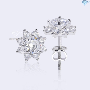 Bông tai bạc nữ mặt bông hoa đính đá xi kim chốt ren BTNXK0018