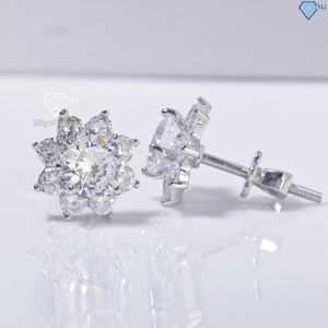 Bông tai bạc nữ mặt bông hoa đính đá xi kim chốt ren BTNXK0018