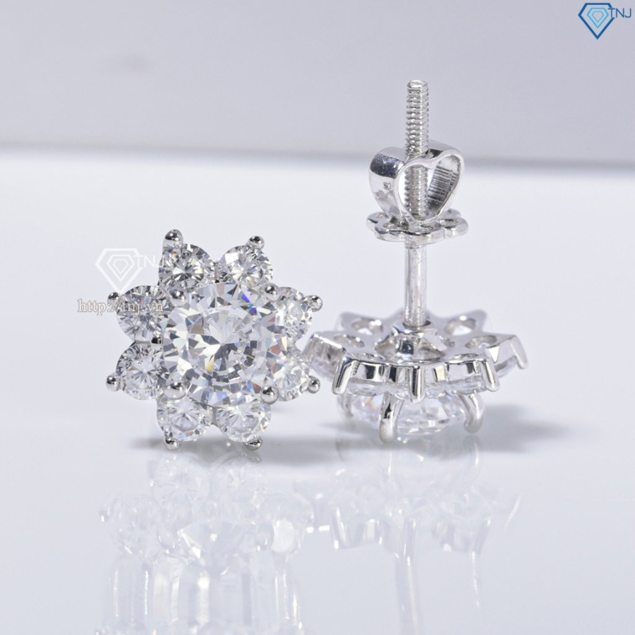 Bông tai bạc nữ mặt bông hoa đính đá xi kim chốt ren BTNXK0018