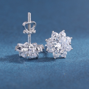 Bông tai bạc nữ mặt bông hoa đính đá xi kim chốt ren BTNXK0018