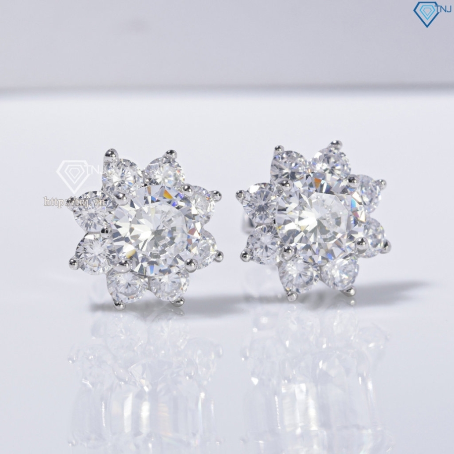 Bông tai bạc nữ mặt bông hoa đính đá xi kim chốt ren BTNXK0018