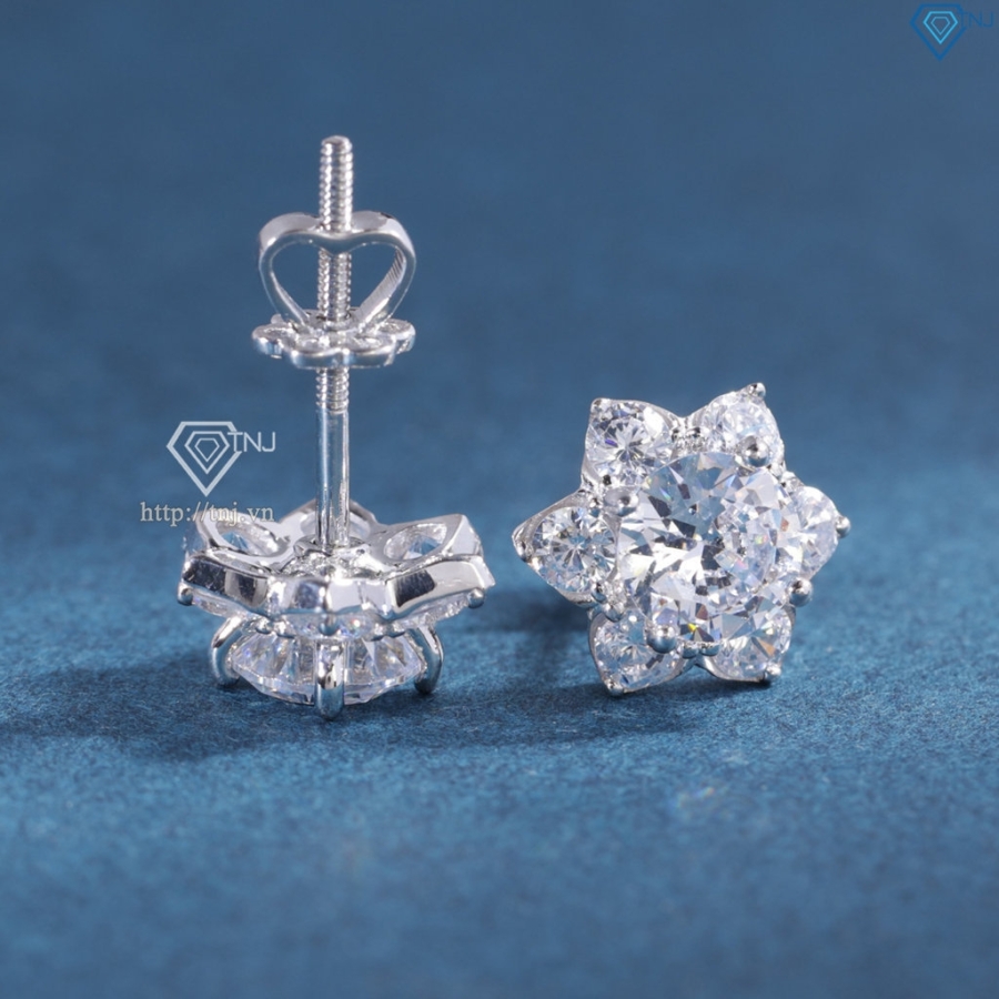 Bông tai bạc nữ mặt bông tuyết đính đá xi kim chốt ren BTNXK0019