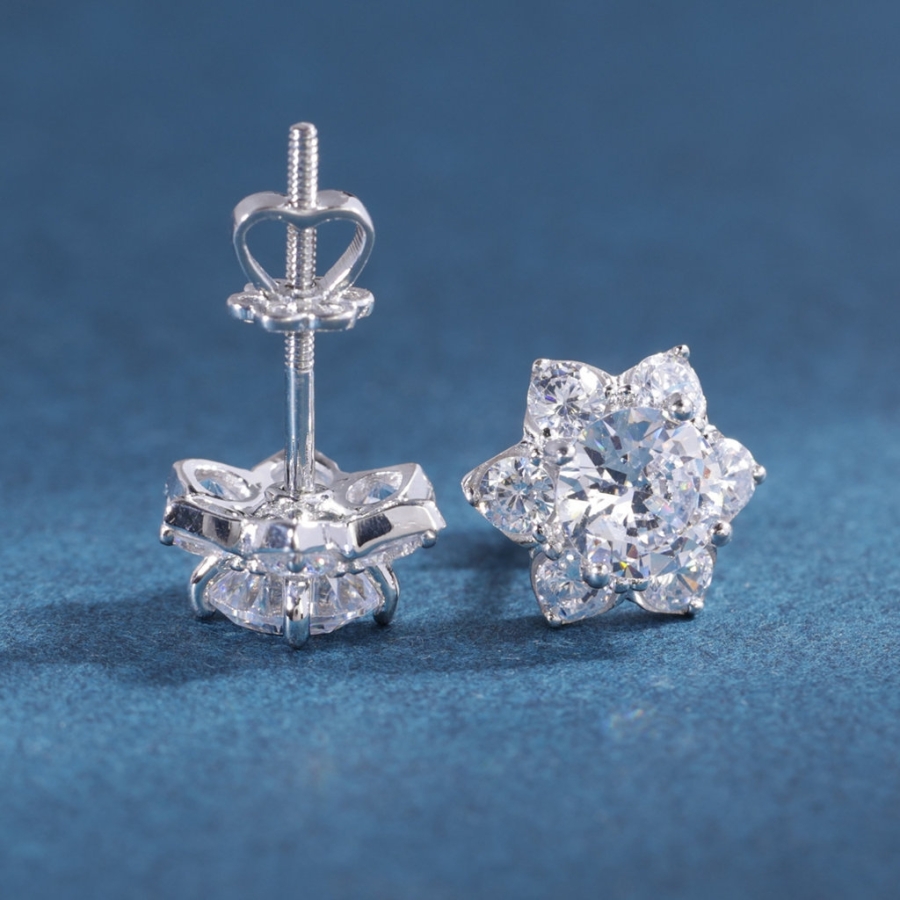 Bông tai bạc nữ mặt bông tuyết đính đá xi kim chốt ren BTNXK0019