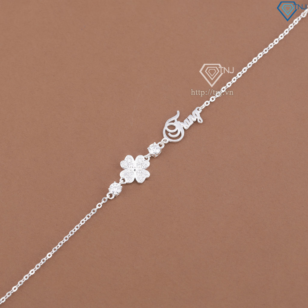 Lắc tay nữ hình cỏ 4 lá đính kim cương Moissanite 4mm khắc tên theo yêu cầu - Kiểm định GRA LTNM0031