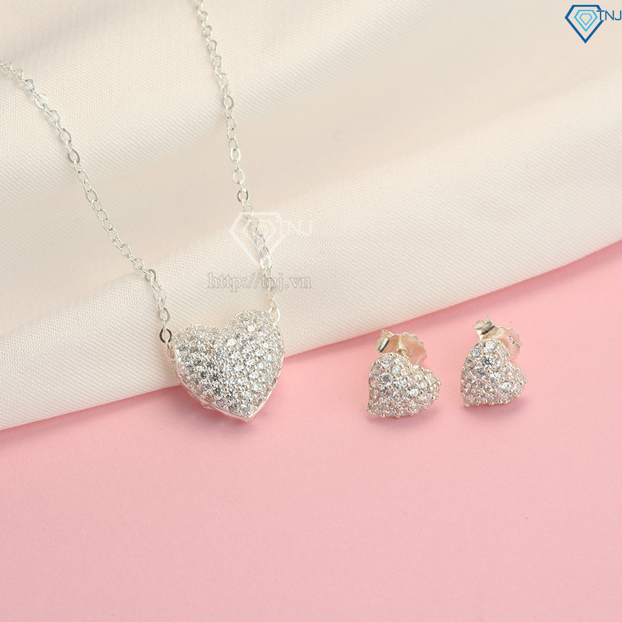 Bộ trang sức bạc nữ hình trái tim đính đá đẹp BTS0018