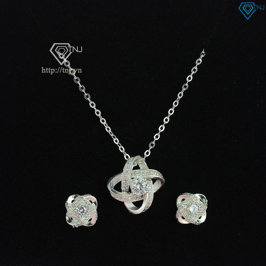 Bộ trang sức bạc hoa 4 cánh đính đá đẹp BTS0051