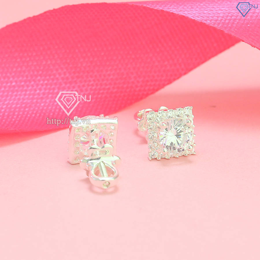 Bông tai bạc nữ mặt vuông đính đá đẹp BTN0263