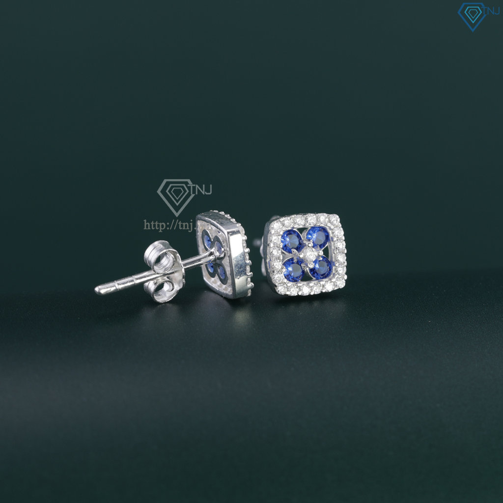 Bông tai bạc nữ mặt vuông đính đá xanh dương BTN0278