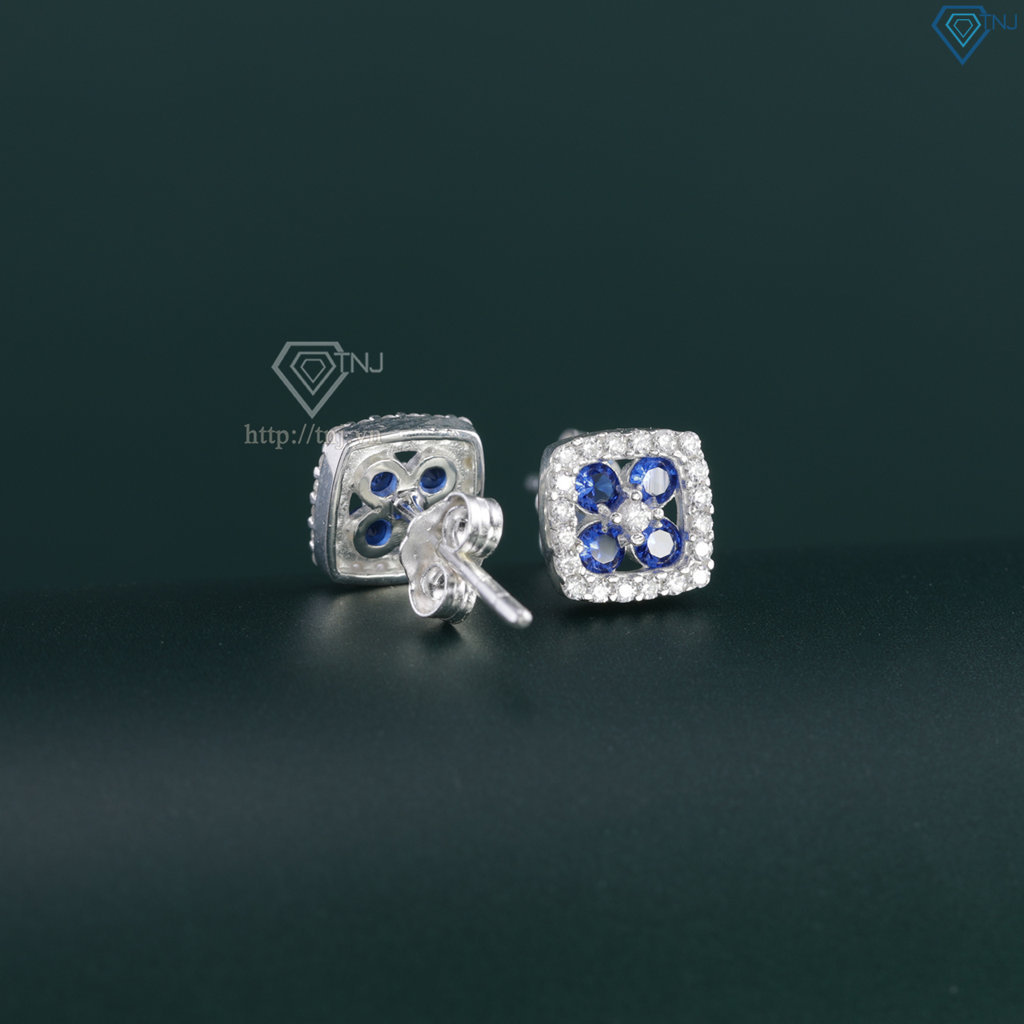 Bông tai bạc nữ mặt vuông đính đá xanh dương BTN0278