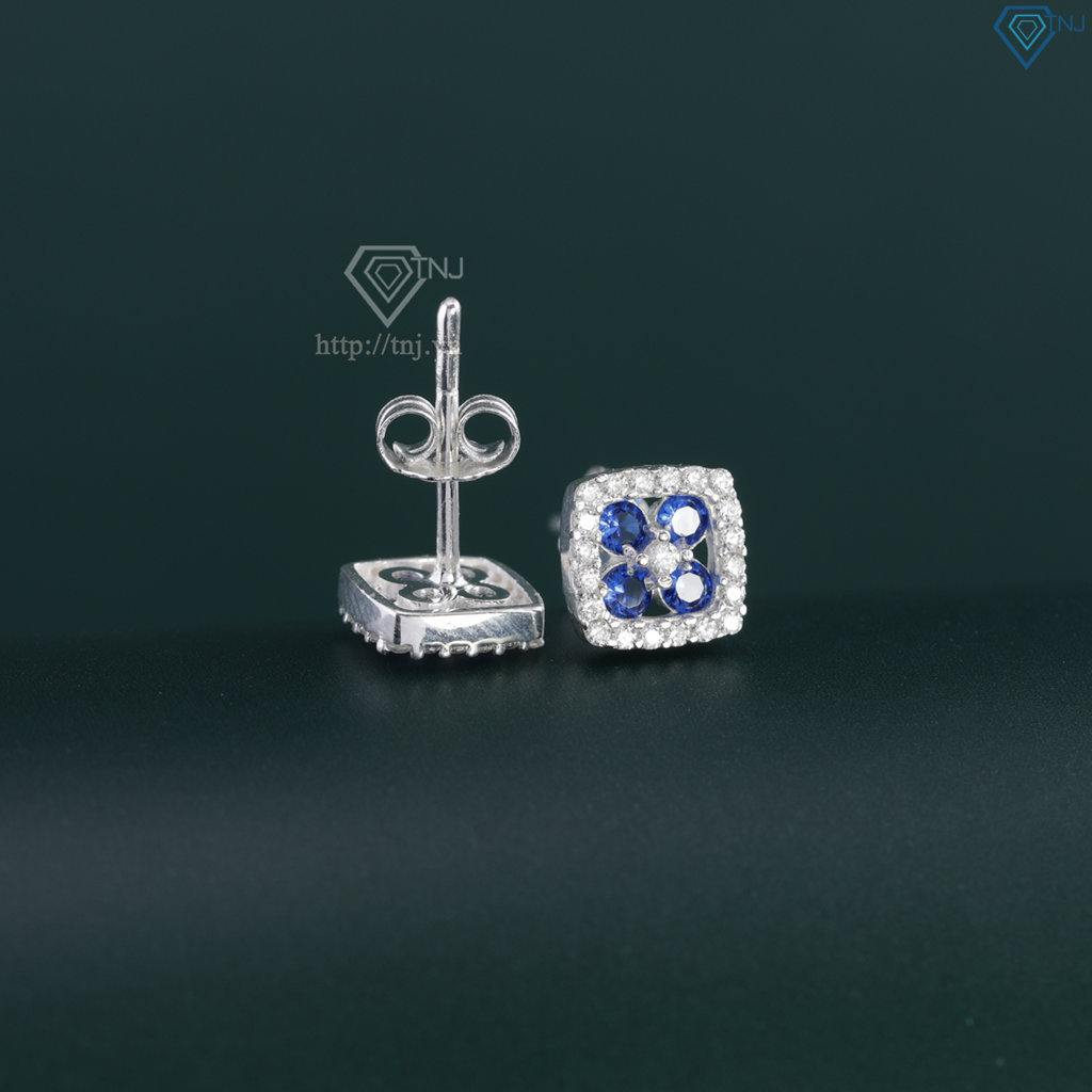 Bông tai bạc nữ mặt vuông đính đá xanh dương BTN0278