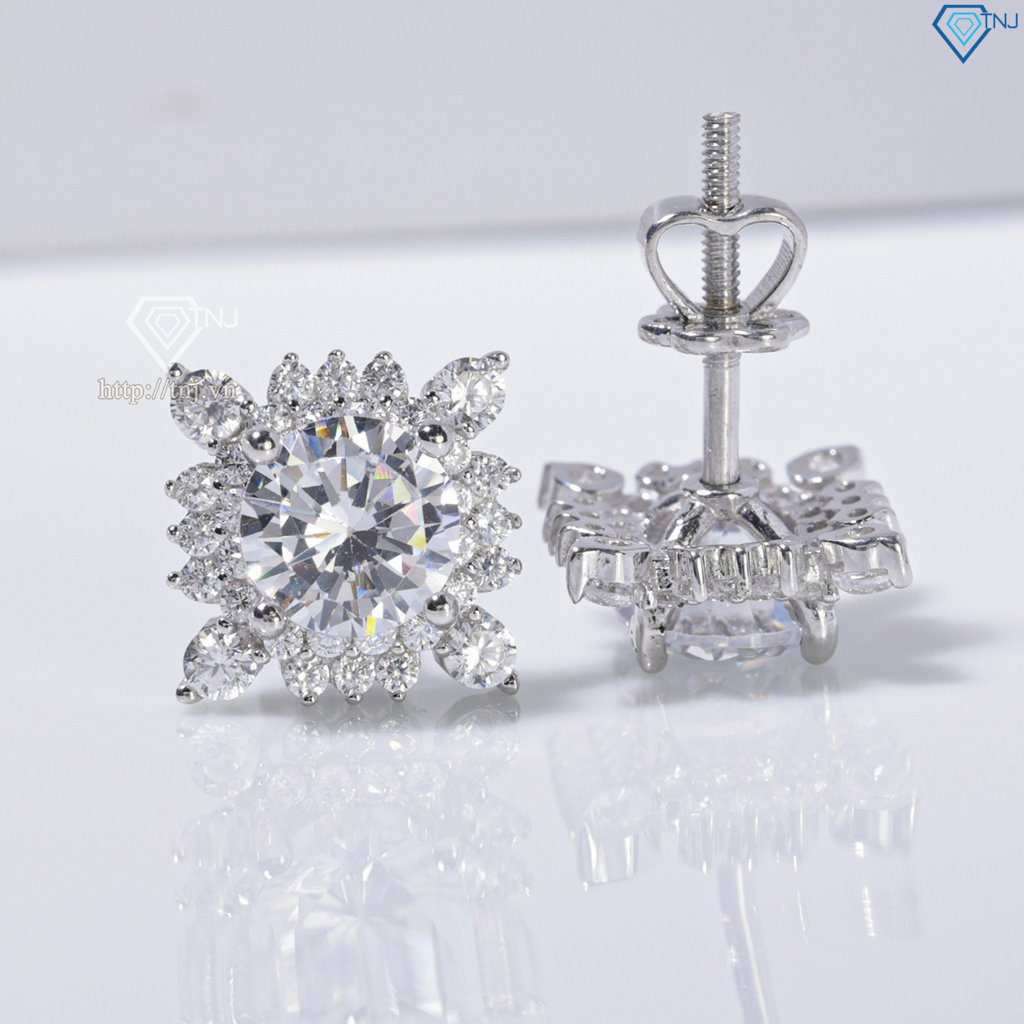 Bông tai bạc nữ mặt vuông đính đá xi kim chốt ren BTNXK0016