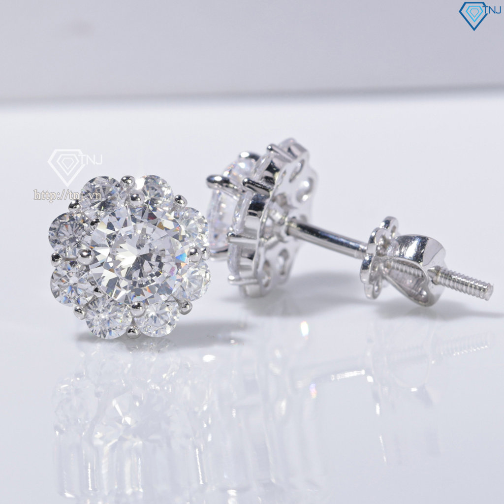 Bông tai bạc nữ mặt bông hoa đính đá xi kim chốt ren BTNXK0017