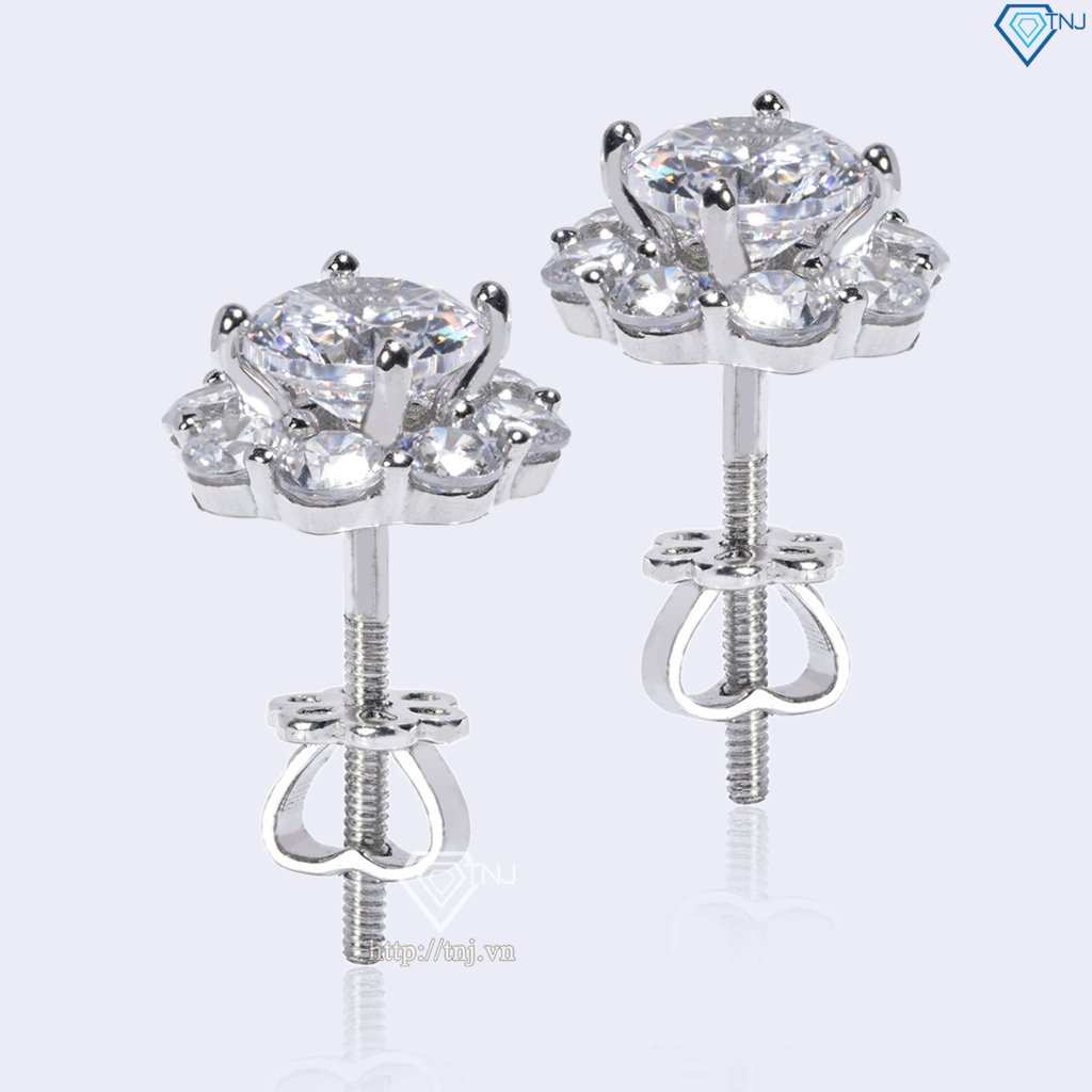 Bông tai bạc nữ mặt bông hoa đính đá xi kim chốt ren BTNXK0017